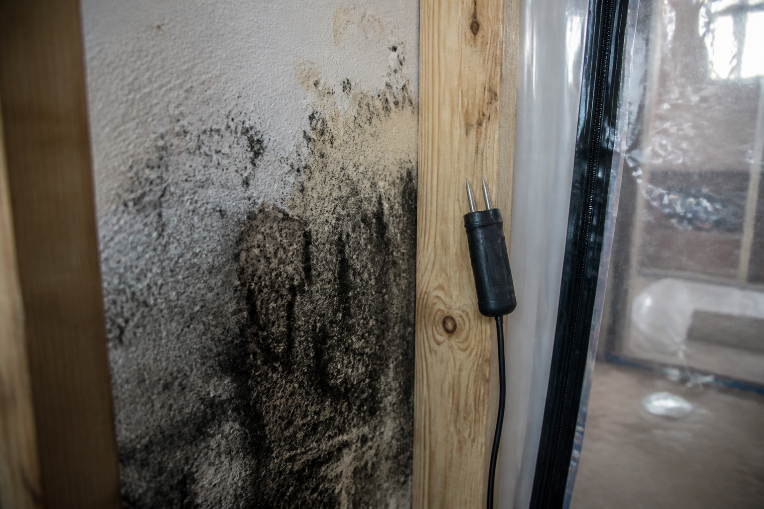Mold staining on the back of drywall in a crawlspace with a moisture meter on the stud